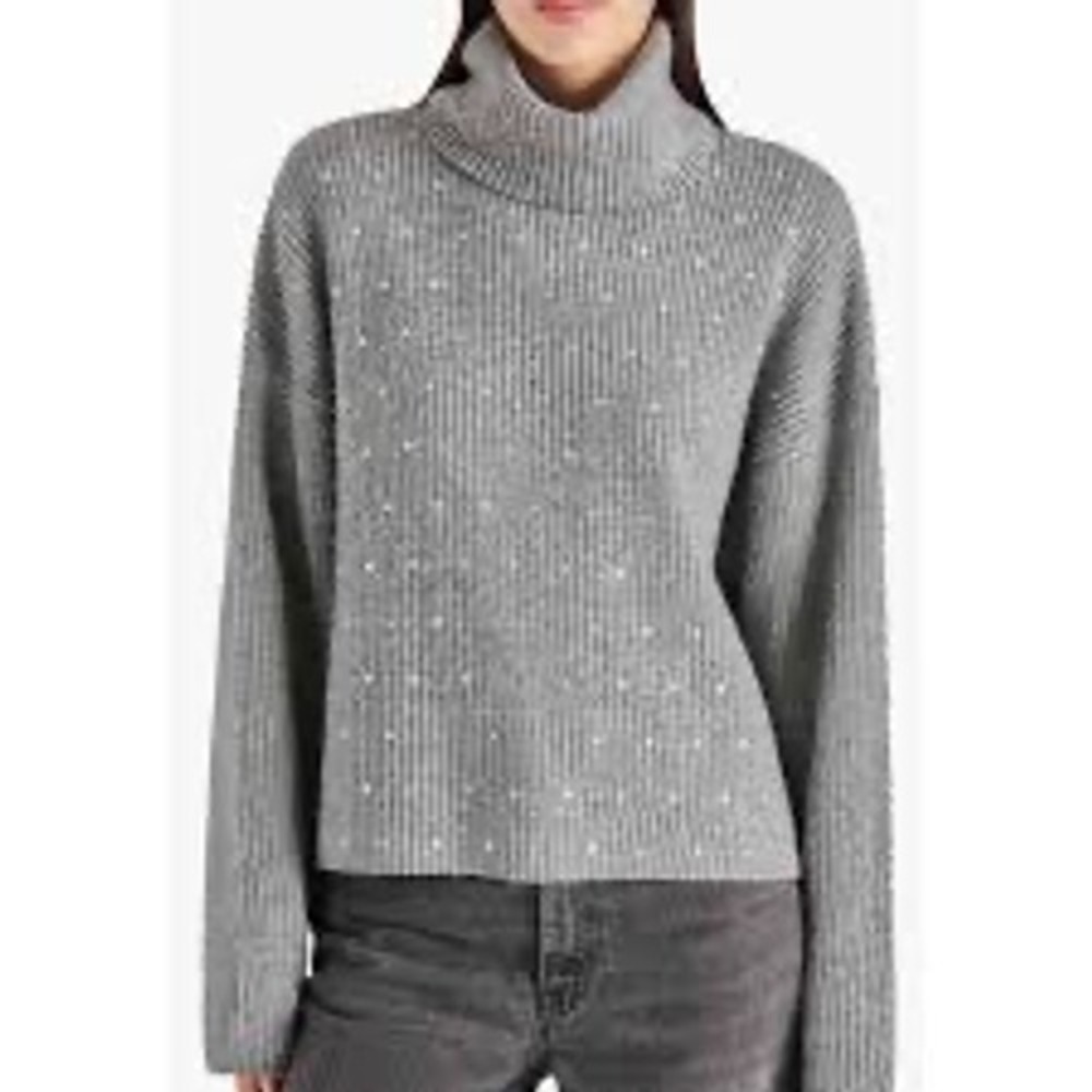 STEVE‎ MADDEN Rhinestone Embellished Knit Turtleneck Sweater Grey XS